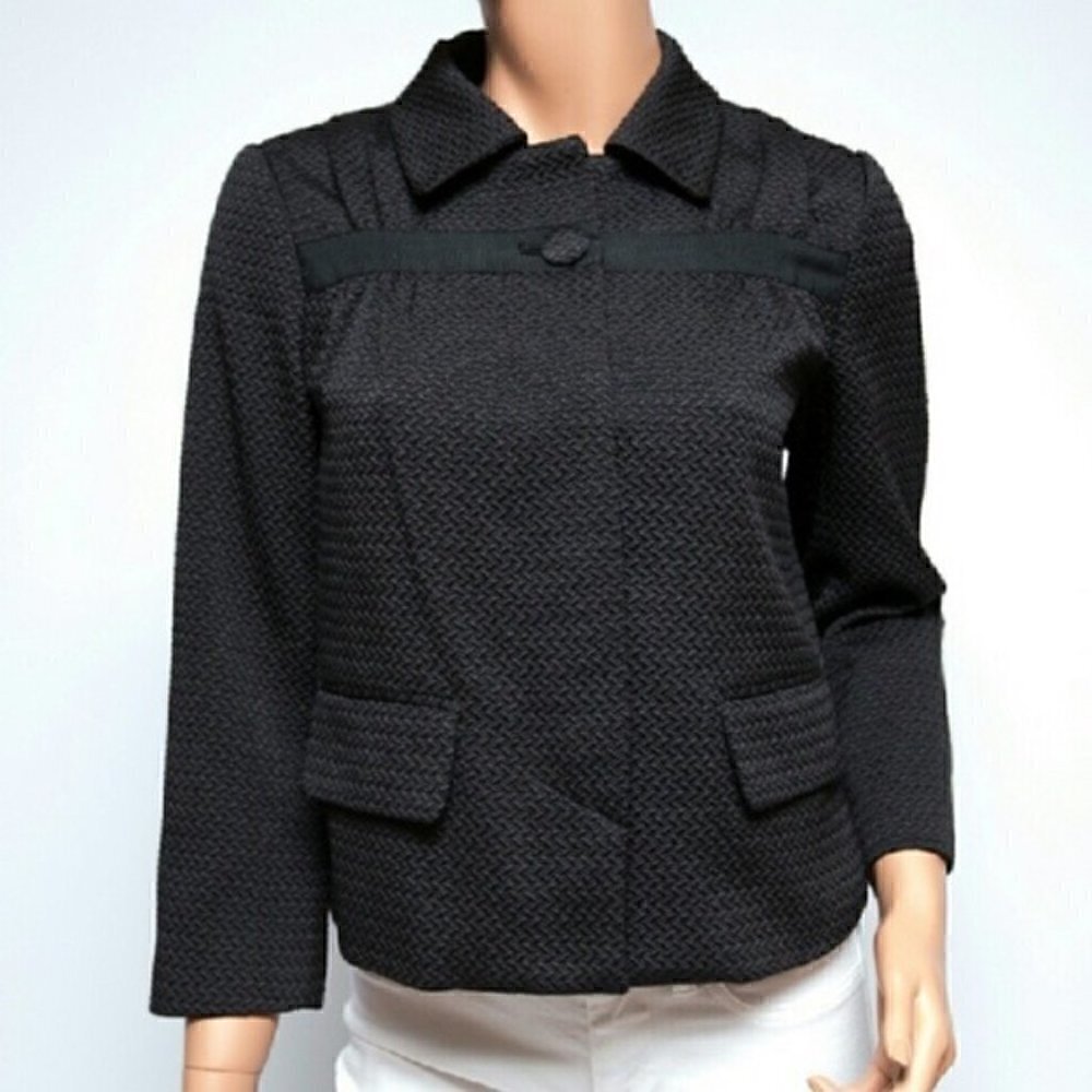Barneys New York Cape Jacket L Black Woven Texture Luxury Herringbone